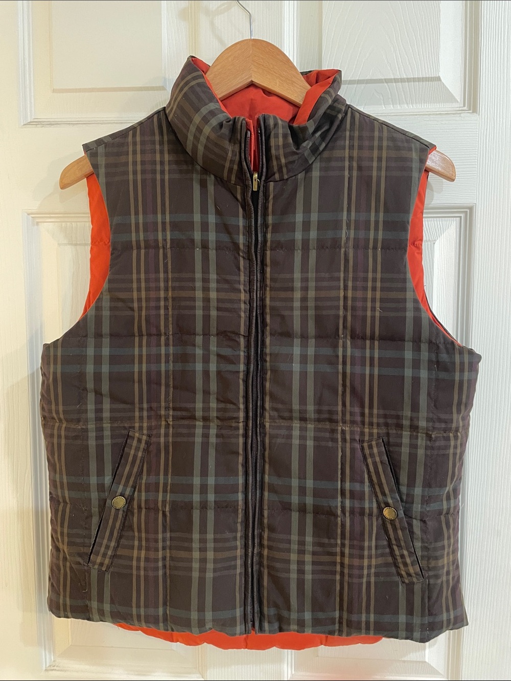 Ralph Lauren Reversible Quilted Puffer Vest. Plaid and Orange